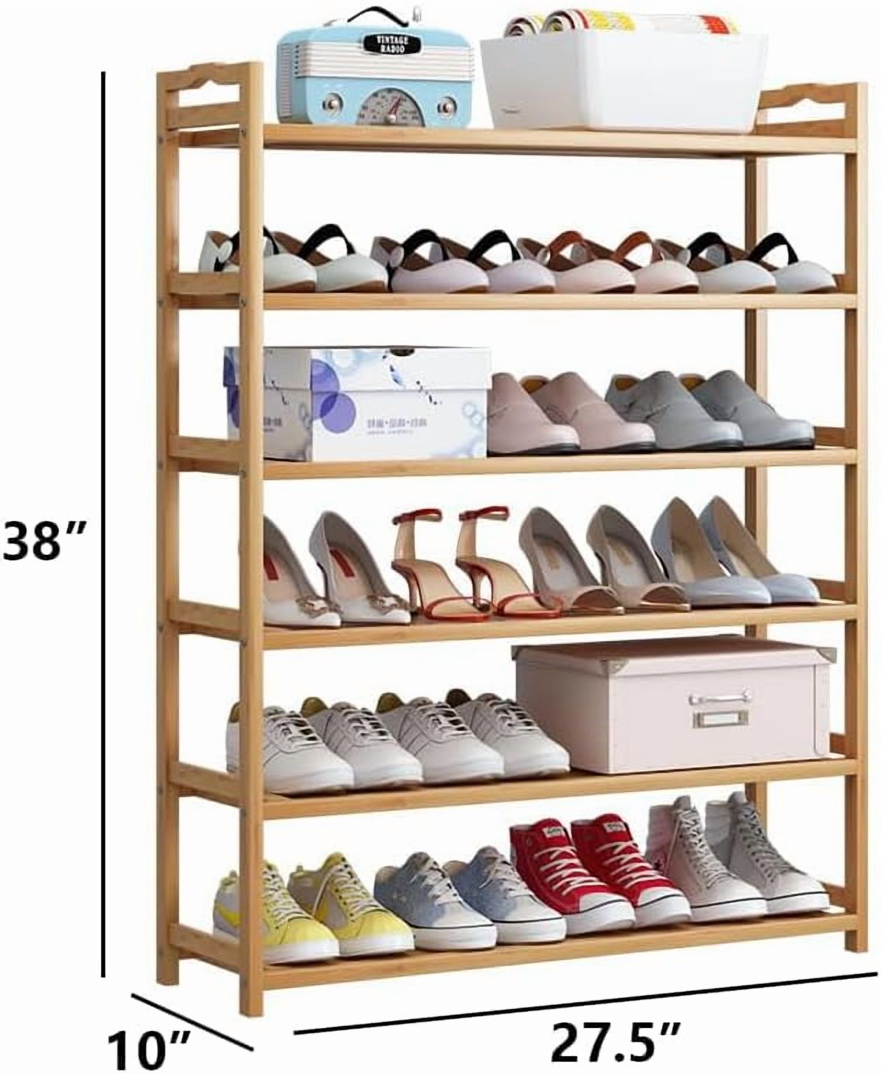 Bamboo Shoe Rack for Closet, 6 Tier Wooden Stackable Shoe Organizer, Free Standing Shoes Storage Shelf for Entryway, Front Door Entrance, Natural