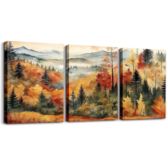 Erosebridal Misty Forest Tree Canvas Wall Art Set of 3,Fall Autumn Watercolor Country Pictures Wall Decor for Living Room Bedroom Kitchen,Woodland Mountain Poster Prints Farmhouse Wall Art Decor