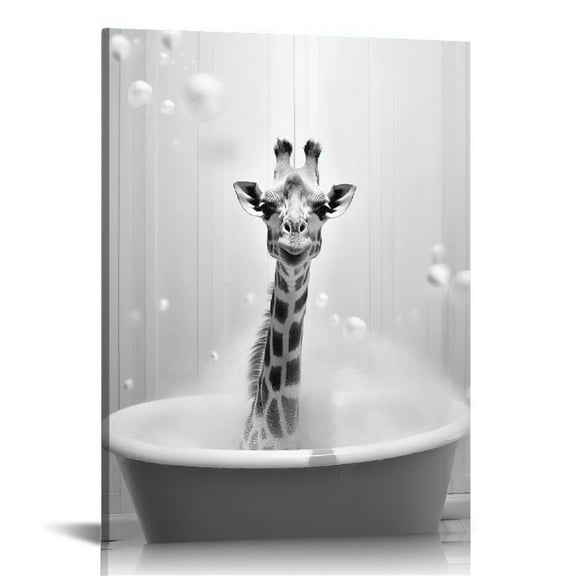ONETECH Kids Bathroom Wall Art Cute Giraffe Bathing in Bathtub Canvas Prints Pictures Funny Animals Posters Wall Decor for Home Decoration, Stretched and Framed Ready to Hang 12x16 Inch