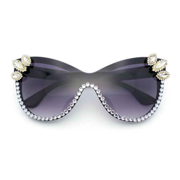 Womens Diva Rhinestone Bling Jewel Oversized Shield Luxe Rimless Sunglasses Black - Smoke