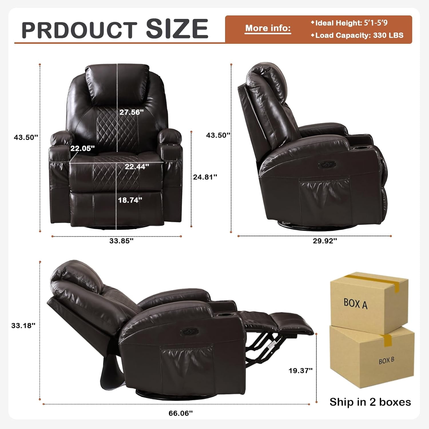 QJTC Power Rocker Recliner Chair with Heat and Massage, 240° Swivel Recliner Chair with Cup Holder/LED Lights/USB Ports, Brown