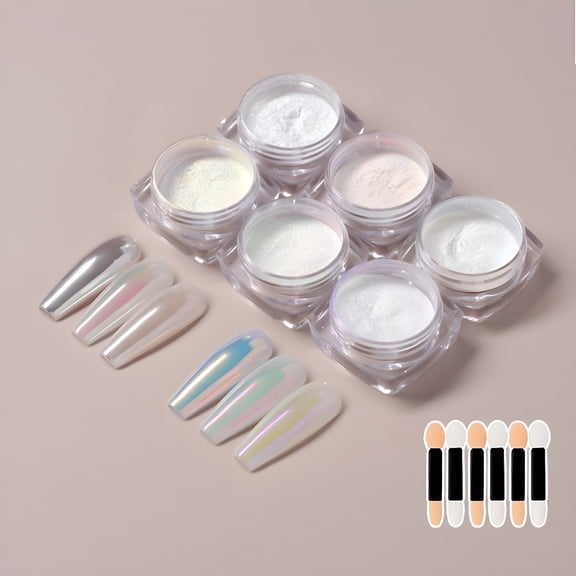 RAGUPEL 6 Colors Moonlight White Pearl Aurora Nail Powder-Metallic Chrome Nail Powder-Holographic Mirror Effect Chrome Powder-Iridescent Mermaid Powder Pigment Manicure Powder for Glitter Nail Art