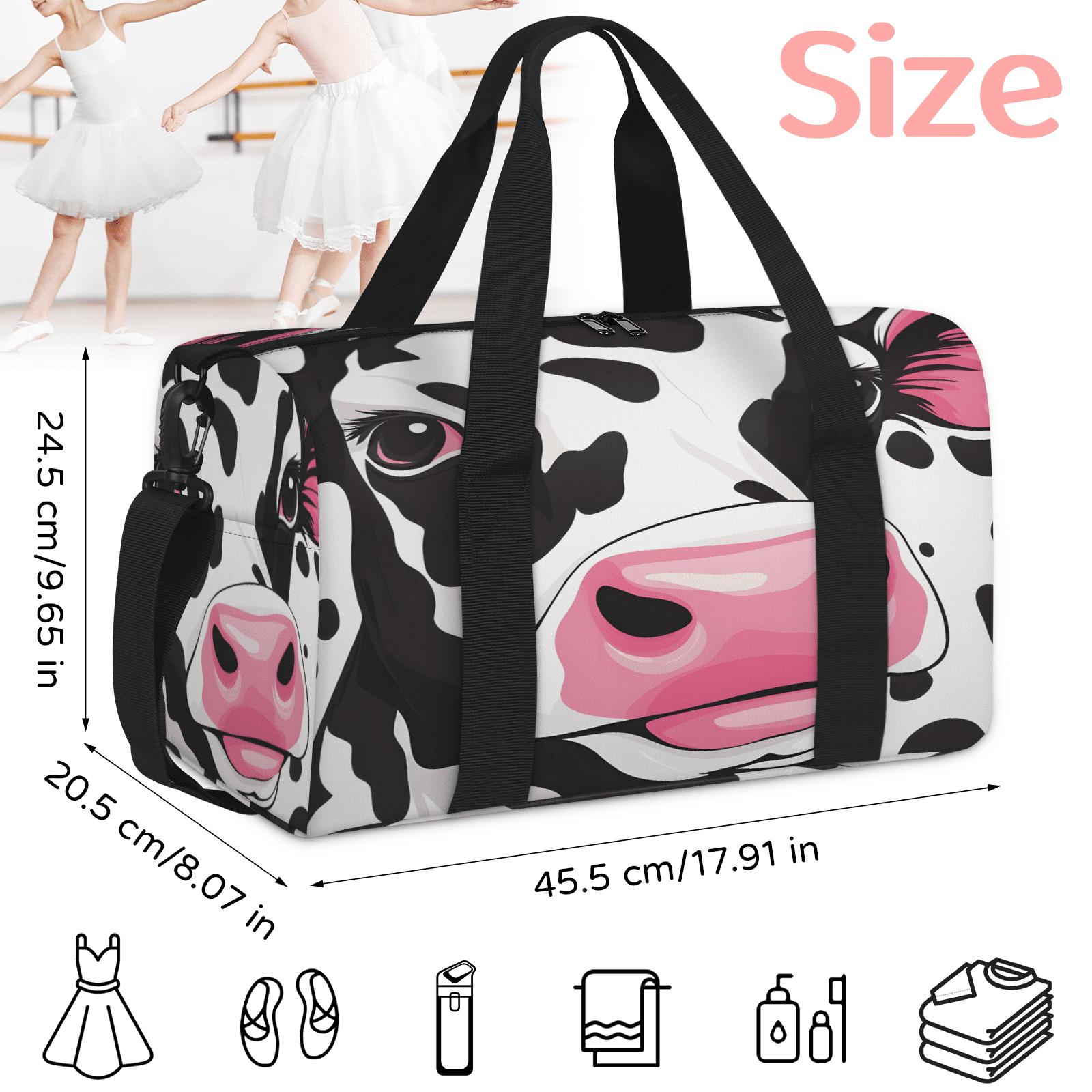 Herdesigns Cow Travel Duffle Bag Sports Yoga Weekender Overnight Carry on Workout Bags Lightweight Waterproof Gym Tote Bag for Women Funny