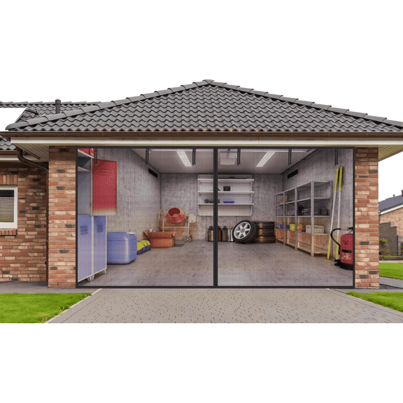 16x7FT Heavy Duty Magnetic Garage Screen Door - Black PET Mesh, Windproof, Easy Install, Fits Double Car Garage, Patio, Workshop - Keep Bugs Out, Fresh Air In