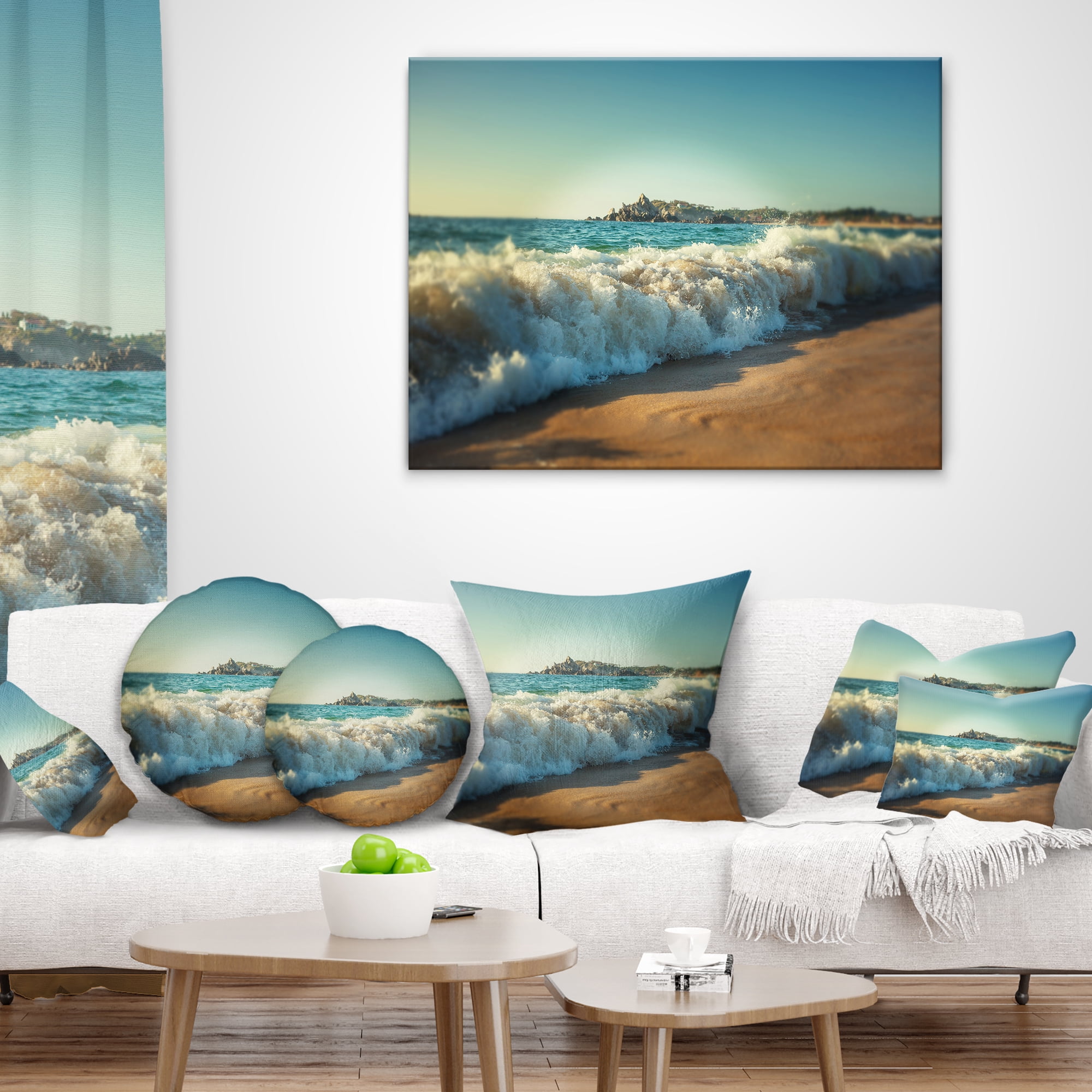Designart Stormy Waves Hitting Beach Sand - Modern Beach Throw Pillow - 18x18