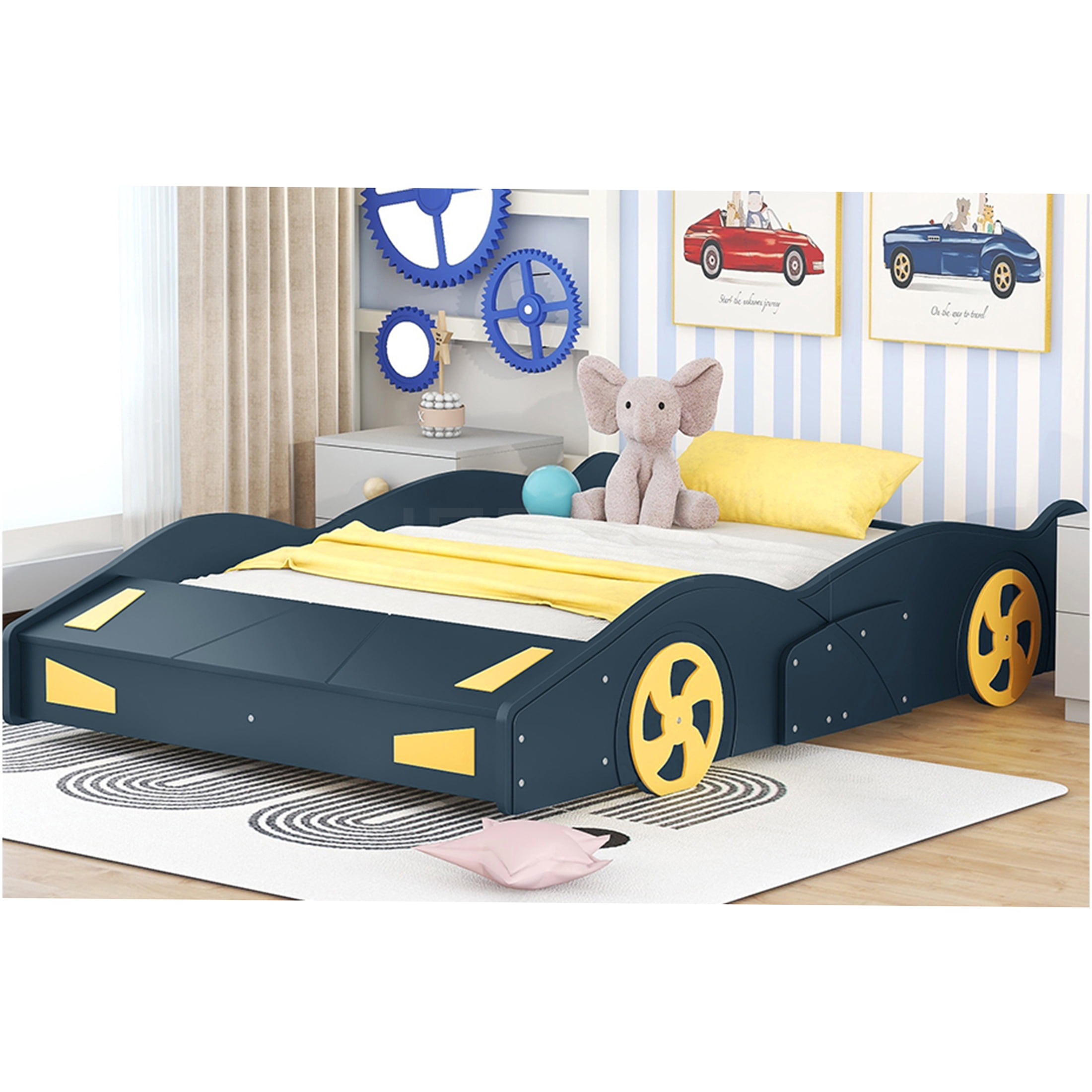 JERFIT Full Size Race Car Platform Bed with Storage, Dark Blue Wood Bed Frame with Wheels, No Box Spring Needed
