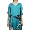 thumbnail image 4 of Bimba Women's Teal Blue Floral Bird Print Satin Maxi Kaftan Coverup Caftan-4, 4 of 5