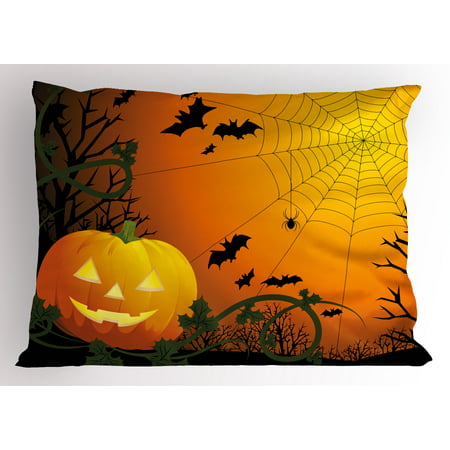Spider Web Pillow Sham Halloween Themed Composition with Pumpkin Leaves Trees Web and Bats, Decorative Standard Size Printed Pillowcase, 26 X 20 Inches, Orange Dark Green Black, by Ambesonne
