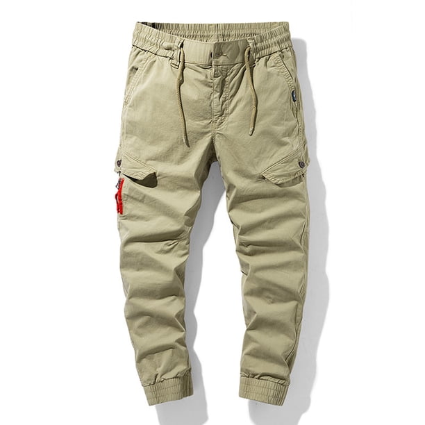 Pantalones largos de moda para hombre, casuales, de color sólido, cargo, con bolsillos y cremallera, cintura elástica, pantalones largos de algodón para hombre.