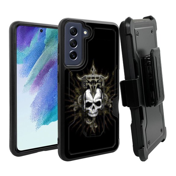 ANJ  Rugged Dual Layer Hybrid Holster Kickstand Case w/ Card Slot   Tempered Glass Cover for Samsung Galaxy S21 FE 5G - Shadow Skull