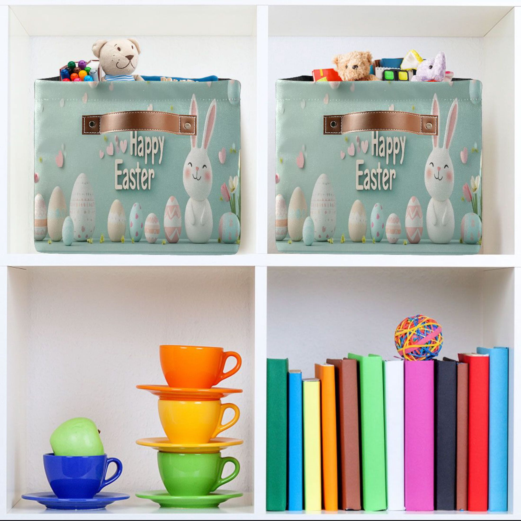 Ryvnso Cute Easter Bunny and Eggs Storage Basket Large Bin Foldable Boxes Toys Organizer 14.2x10.2x8.3in 2 PCs