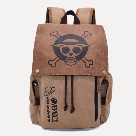 One Piece Anime Backpack,Luffy Skull Logo Canvas School Bag, Vintage Style Travel Daypack