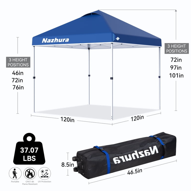 Nazhura 10'x10' Blue Pop Up Canopy Tent, Steel Frame, UPF 50+