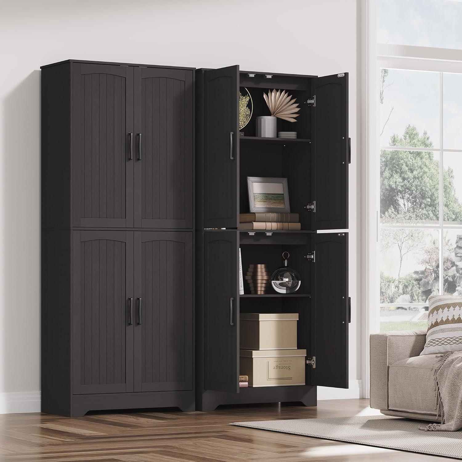 71" Tall Farmhouse Kitchen Pantry Cabinet – Freestanding Wooden Storage Cabinet with 4 Doors & Adjustable Shelves, Dining or Living Room Furniture, Black
