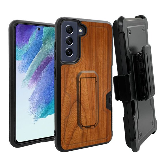 ANJ  Rugged Dual Layer Hybrid Holster Kickstand Case w/ Card Slot   Tempered Glass Cover for Samsung Galaxy S21 FE 5G - Cherry Wood Pattern
