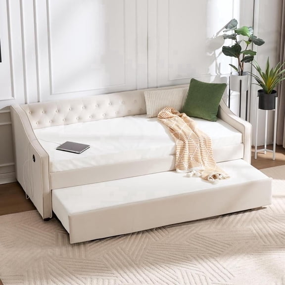 Sturdy Twin Size Upholstered Daybed with Trundle, USB Charging Port, Tufted Velvet Daybed Frame with Side Pockets, Space-Saving