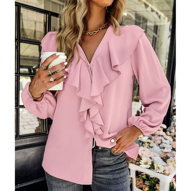 Camisas de Manga Larga con Botones para Mujer Blusas de Color Puro con Cuello en V Blusa Informal con Empalme de Encaje con Volantes Grandes Tops de