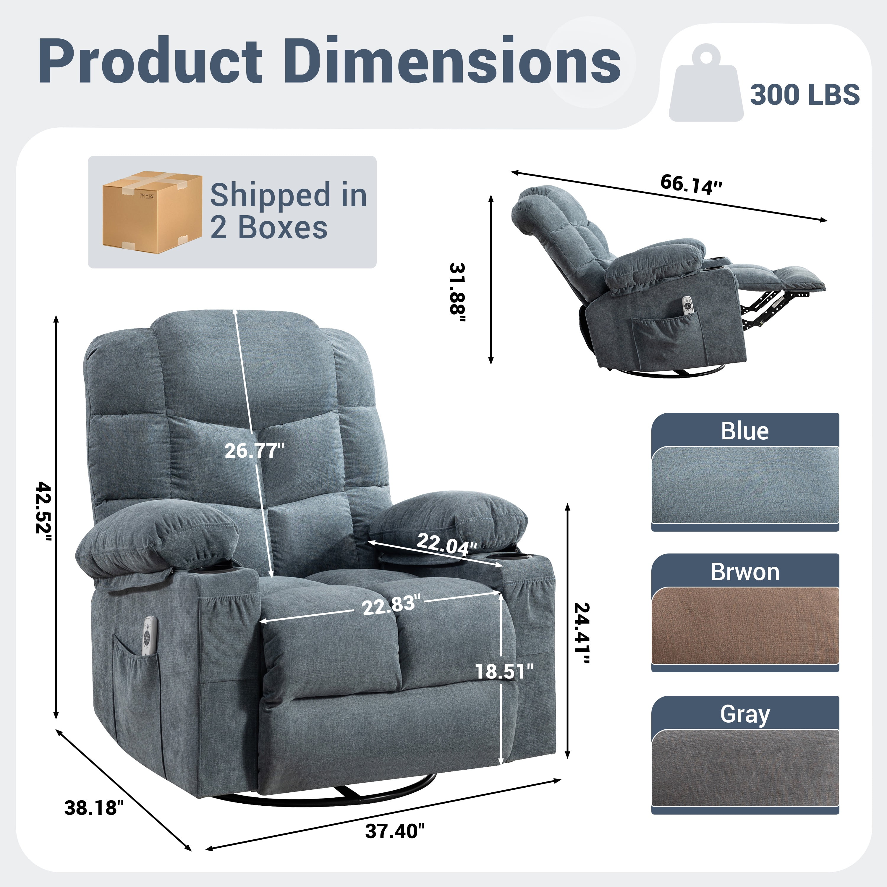Swivel Rocker Chair, LEGAHOME Manual Glider Rocking Chair for Nursery with Massage and Heat, 22.8in Glider Massage Recliner Chairs for Adults, with Cup Holder and Side Pocket, Blue