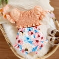 thumbnail image 5 of Odeerbi Baby Boy Girl Clothes Toddler Outfit Fashion Cute Flowers Print Bow Puff Sleeves Pleated Top Shorts Suit Orange, 5 of 9