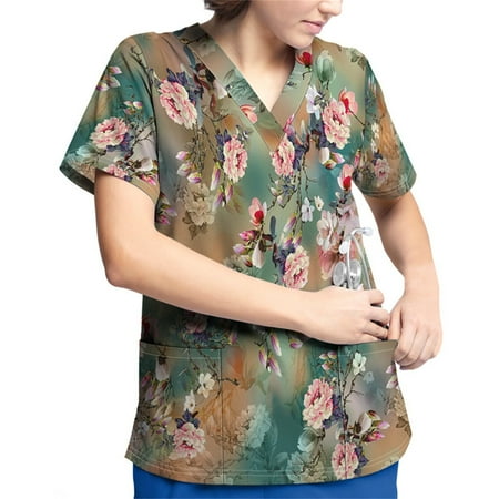 

Strungten Plus Size Printed Scrub Working Uniform Tops For Women V-Neck Short Sleeve T-Shirts Workwear Tee With Pockets summer tops for women 2023 trendy