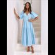 thumbnail image 4 of Vestido Midi Fluido de Corte A con Escote en V Profundo, Corta Abullonada, Cintura Alta Elástica y para Mujer Azul XL, 4 of 9