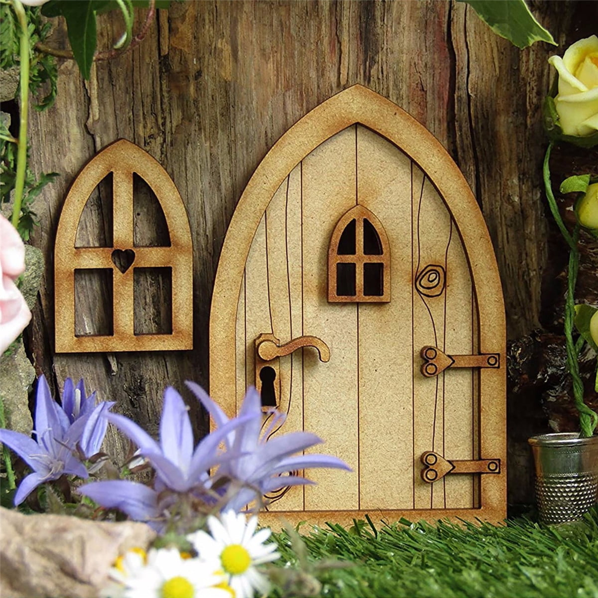 Miniature Fairy Gnome Home Window and Door for Trees Yard Art Garden Sculpture Decoration YUGHGH Wooden Playhouse Decoration Door for Self-Assembly Door Gnome Door Set Garden Decoration Doors