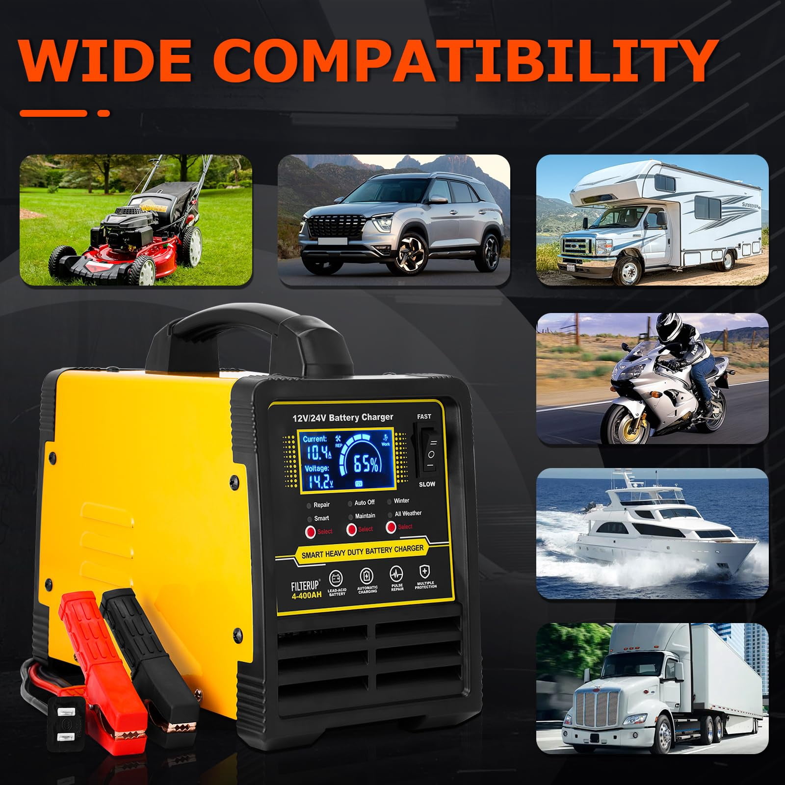 12V 24V Lead-Acid Battery Charger Heavy Duty, 0-15A Smart Automatic Battery Maintainer For Car Truck Boat Motorcycle RV Lawn Mower (Yellow)