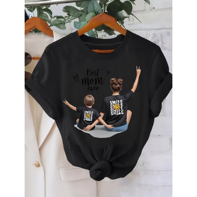 1 Pce "Meilleure Maman de Tous les Temps" Illustration de Maternité Imprimée T-Shirt à Manches Courtes Décontracté pour Femmes - Rouge, Doux, Col Rond, Entretien Facile, Parfait pour Tenue Décontractée
