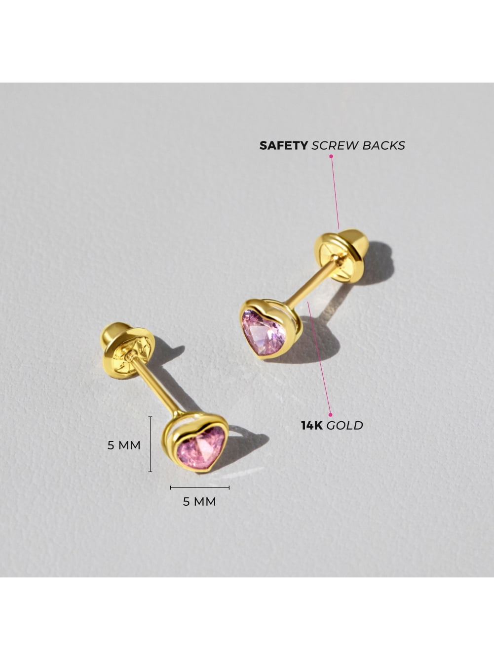 14k Yellow Gold 4mm Pink Bezel Heart Cubic Zirconia Screw Backs for Baby Girls
