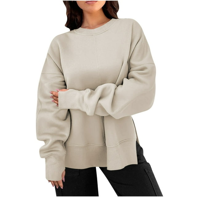 Timegard Womens Sweatshirt Long Sleeve Side Split Crewneck Oversized Pullover Fall Winter Loose Tops