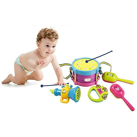 Baby Concert Baby & Toddler Learning Toys 5pcs Roll Drum Musical Instruments Band Kit Toy Set 1 drum with drum sticks 1 tambourine 1 saxophone whistle 2 x