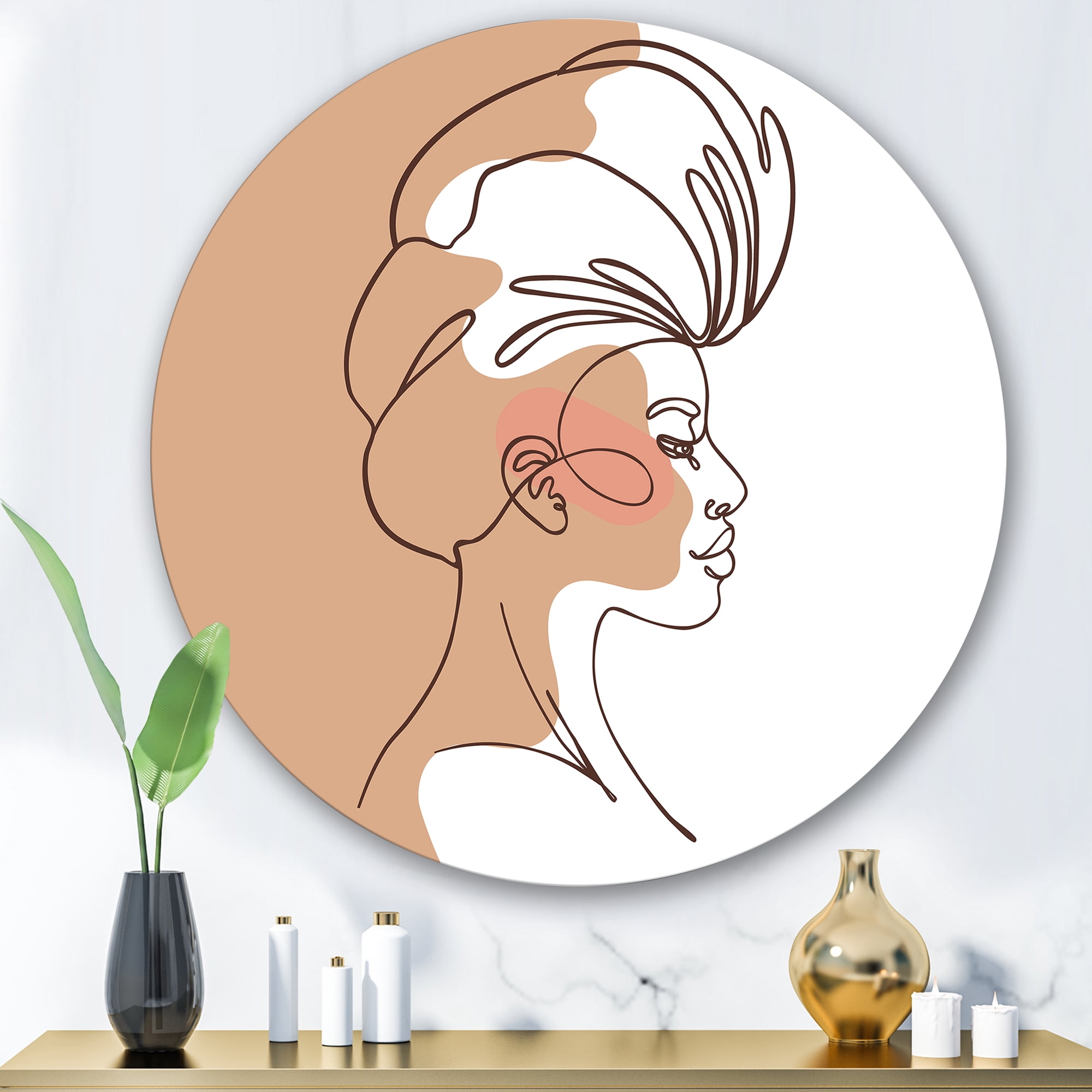 Designart 'One Line Portrait of Afro American Woman II' Modern Circle Metal Wall Art 29x29 - Disc of 29