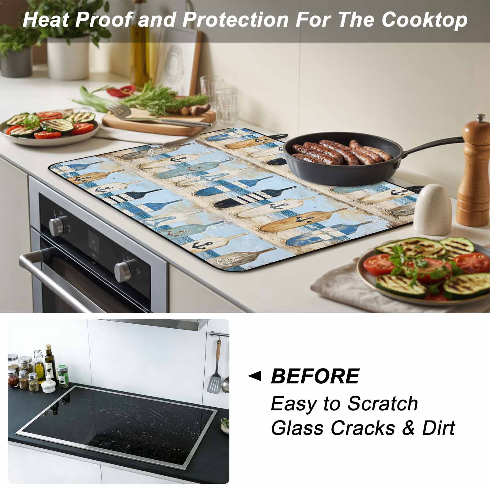 Blue Coastal Stove Top Cover for Electric Stove, Heat-proof & Non Slip Glass Top Stove Cover Protector, Ocean Nautical Anchor Wood Barn Beach Kitchen Flat Cooktop Rubber Mat 24x21 Inches