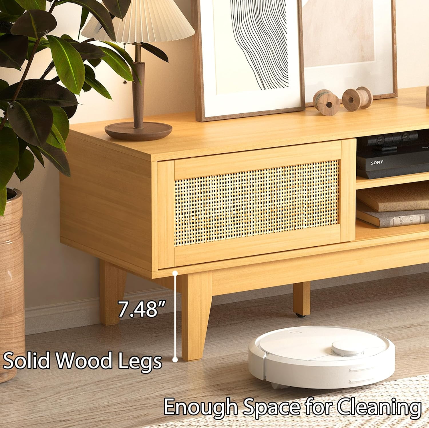 FANRAL Boho Farmhouse TV Stand for 65 Inch TV,Rattan Entertainment Center with Sliding Doors,Media Console with Adjustable Shelves & Cord Holes for Living Room,Natural Oak TV Stand