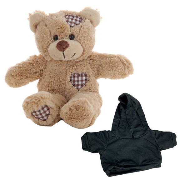Plush Gear 8" Brown Patches Bear with Black Hoodie – Soft Plush Bear, Cuddly Stuffed Animal Toy
