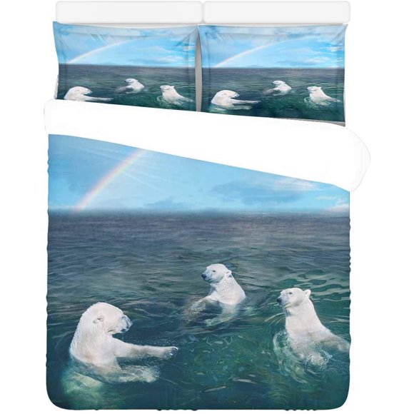 RYLABLUE 3 Piece Bedding Set Polar Bears Rainbow Twin Size Duvet Cover with 2 Pillowcase for Home Bedding Room Decoration