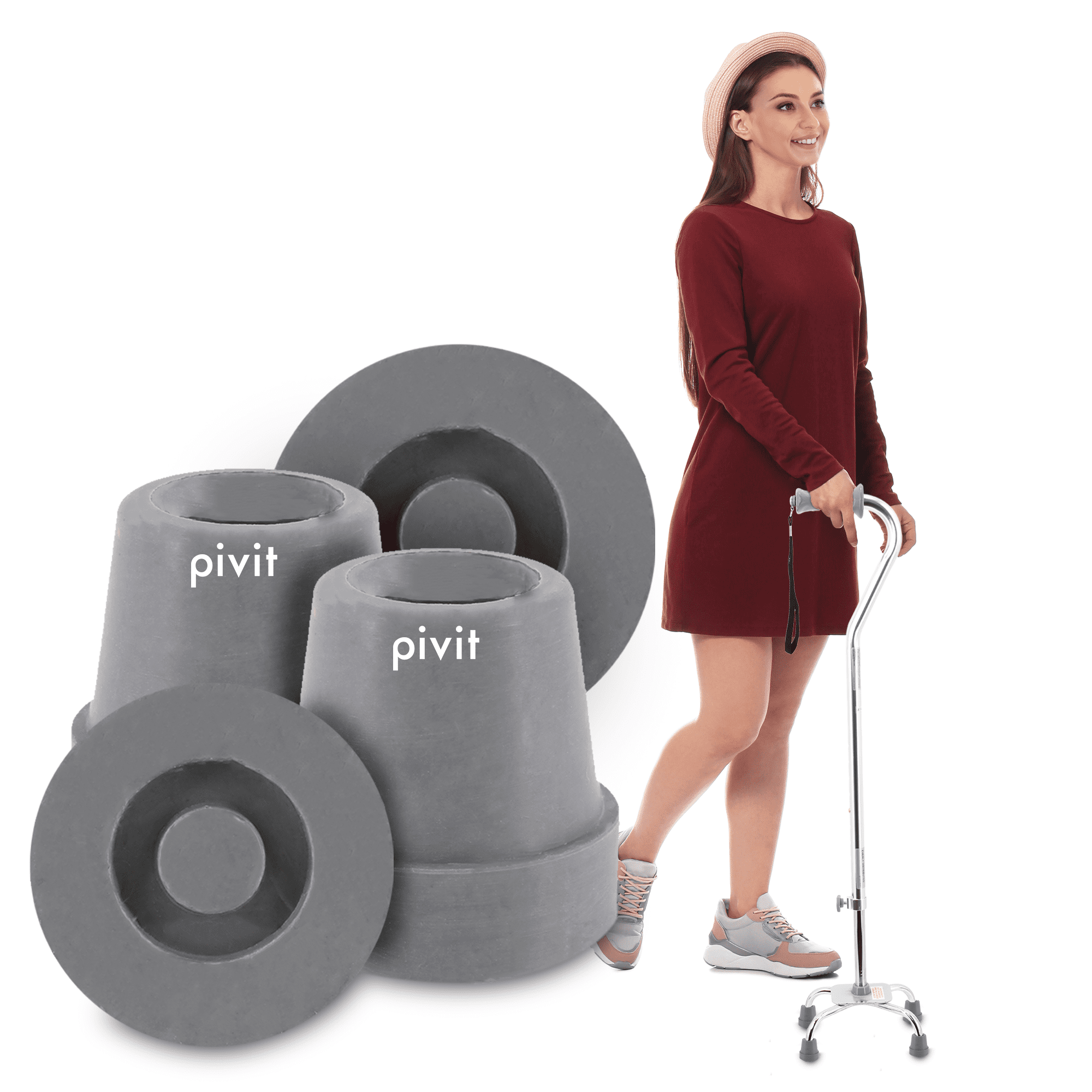 Pivit Quad Cane Replacement Tips Small Base, Gray Pack of 4 Fits