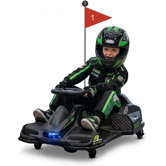 12V Electric Drifting Go Kart, 45W Brushless Motor, 5 MPH, 5 Wheels, LED Lights, Music, Low Power Alert, for Ages 8-12, 110 lbs Capacity,Black