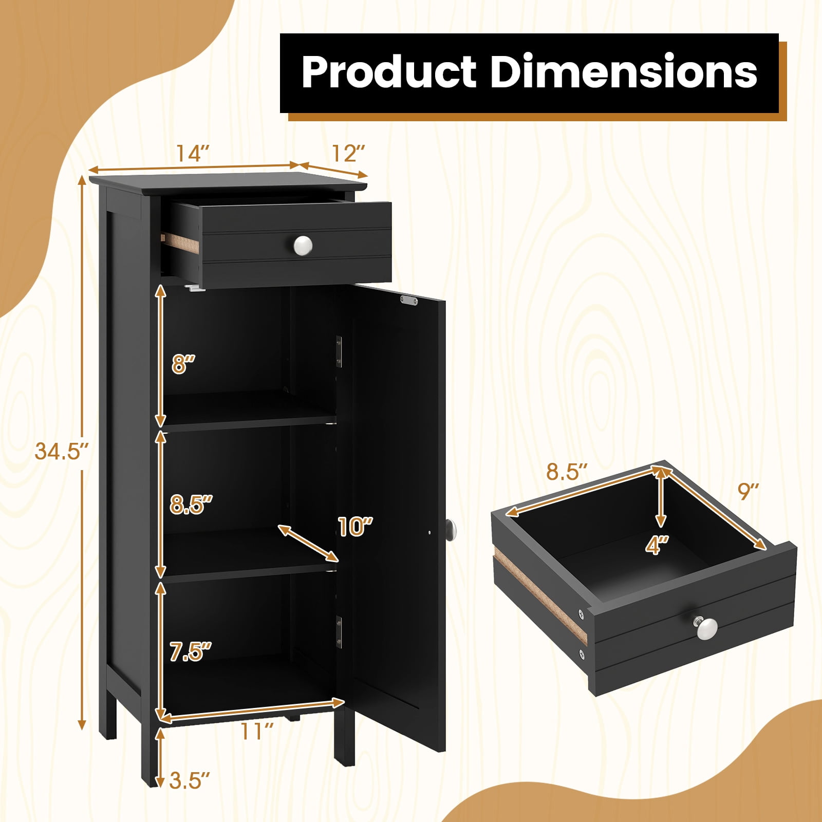 Costway Bathroom Storage Floor Cabinet Organizer Free-Standing w/ Drawer Black