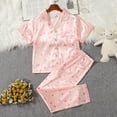 thumbnail image 3 of LYMAYTER Kids Girls Silk Pajamas Outfit Toddler V-Neck Short Sleeve Sleepwear Tops for 8-12 Years Stain Printed Loungewear 2PCS Set, 3 of 8