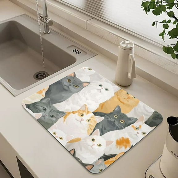 Funny and Cute Cats Dish Drying Mat for Kitchen Counter Absorbent Drainer Mats (15.7X11.8inch)