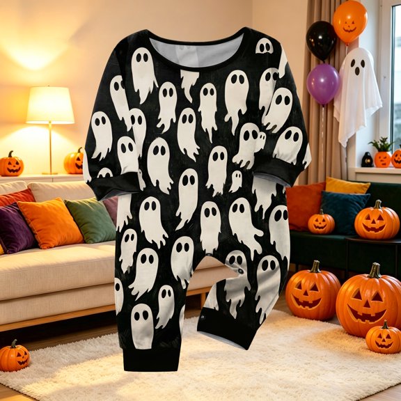 Matching Family Halloween Pajamas Set, Cute Spooky Pumpkin Ghost Long Sleeve PJs Sleepwear Loungewear Gift for Holiday Season
