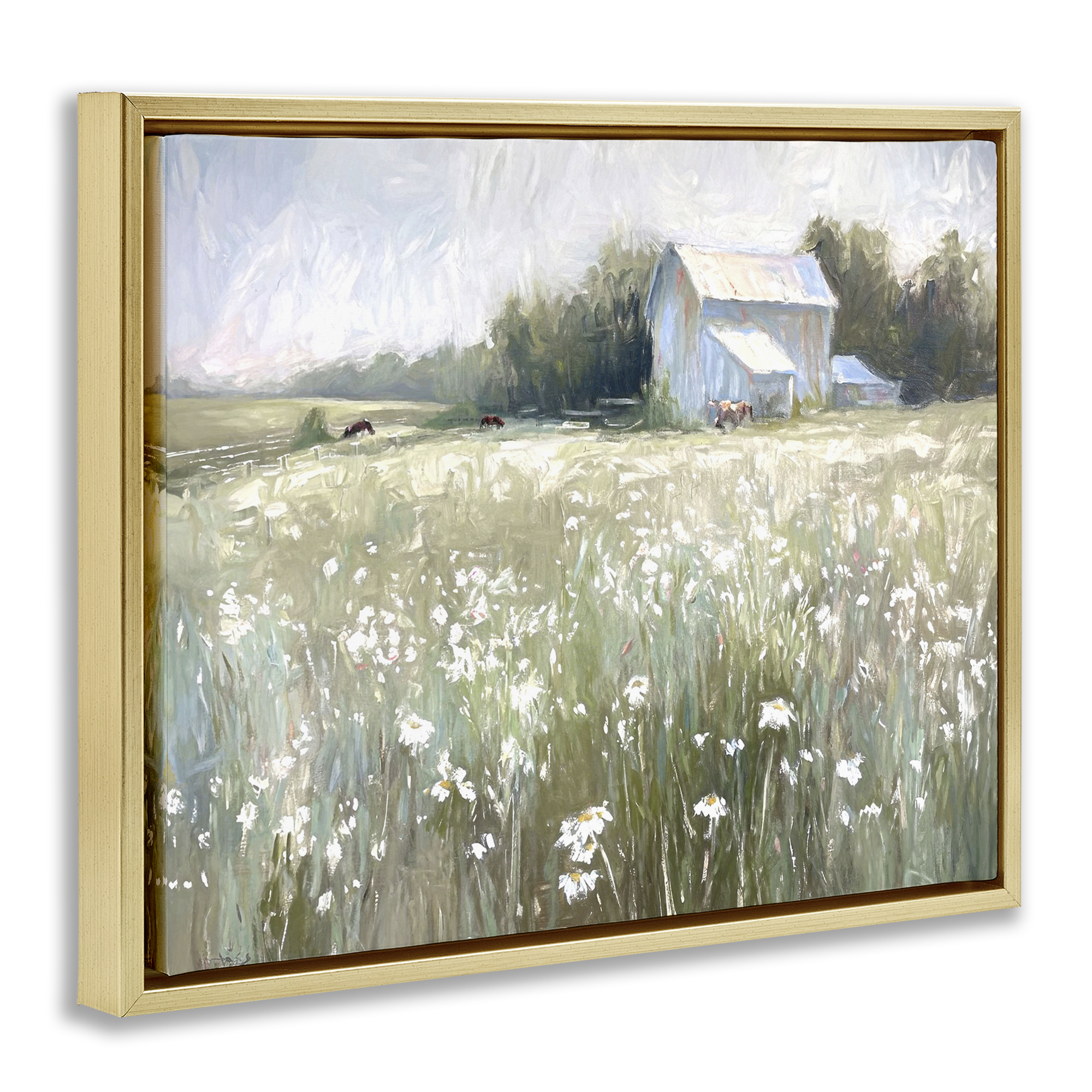 Stupell Industries Peaceful Pasture Meadow Landscape Painting Gold Floater Framed Canvas Art Print Wall Art, 31 x 25