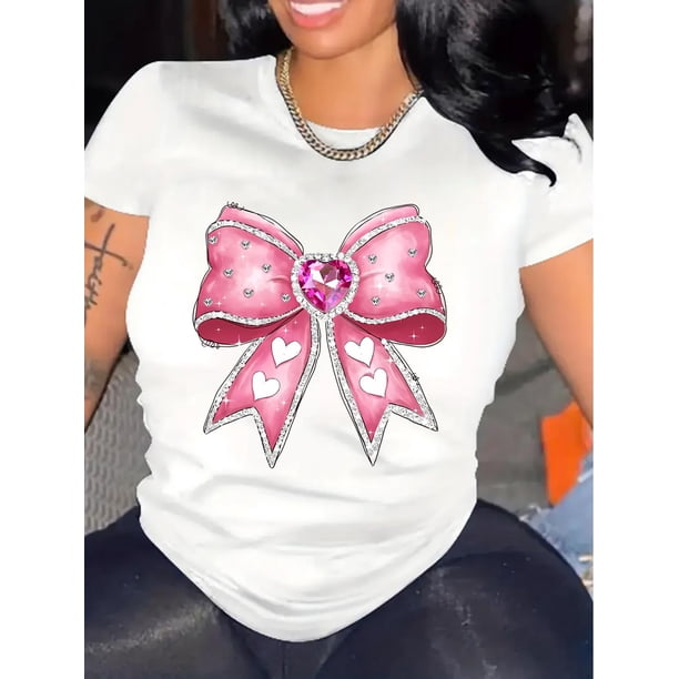 Una elegante camiseta de manga corta para mujer con un cómodo cuello redondo, un diseño de lazo único y un estampado, perfecta para regalar, especialmente como camiseta con temática de corazones para