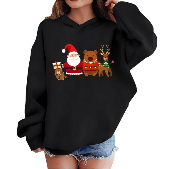 Lorytime Christmas Hoodies for Boys Unisex Santa Claus Sweatshirt Long Sleeve Pullover Drop Shoulder Cute Tops Black