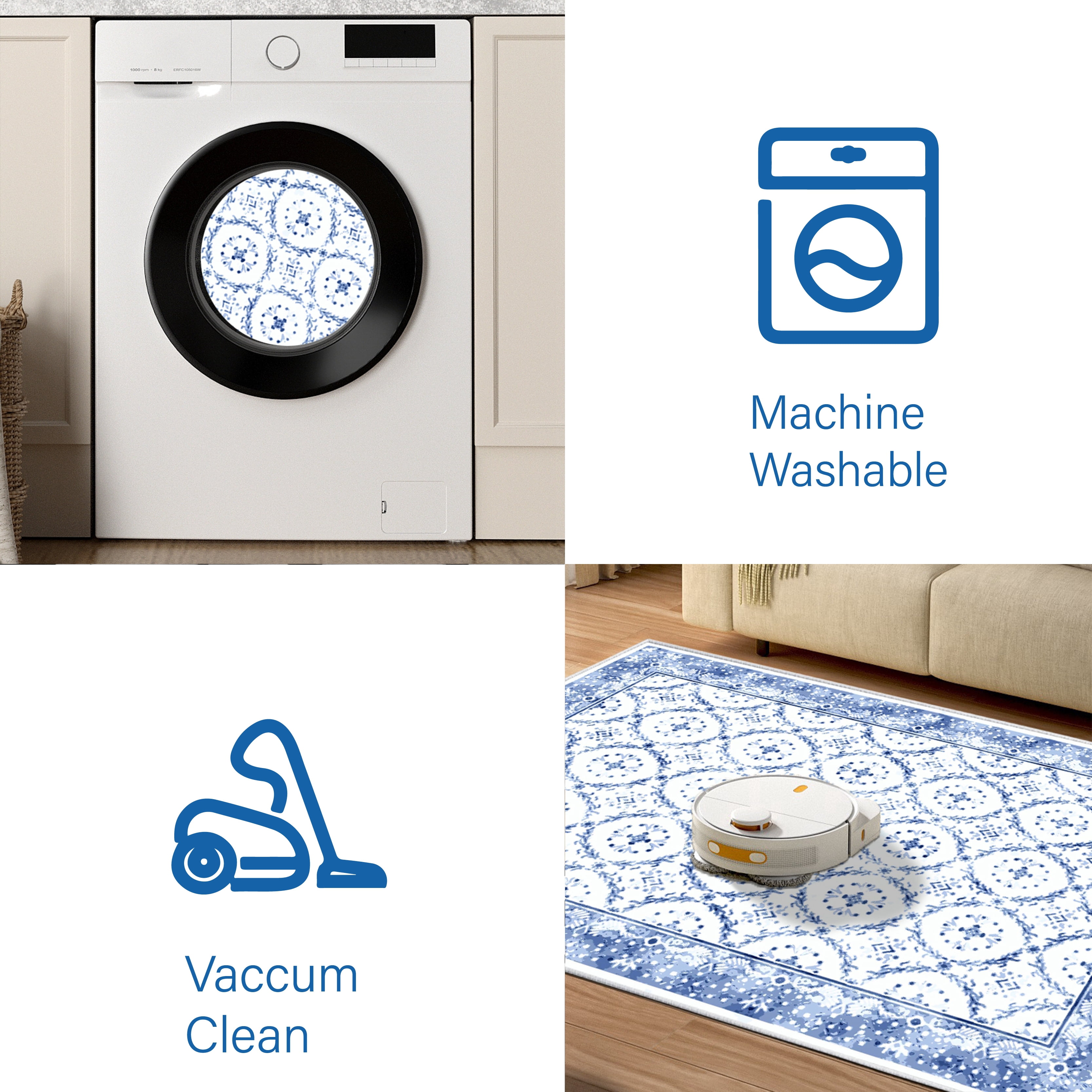 Artnice Vintage Floral Washable Rugs, Area Rugs for Living Room 8x10, Soft Faux Wool Room Rug Non Slip Indoor Carpet Mats for Home Decor, Blue and White