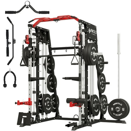 Mikolo Smith Machine Home Gym, 2200 lbs Power Rack Cage with Cable Crossover, Weight Bar, 360° Landmine, Barbell Holders and Other Attachments, Total Body Strength Training Cage