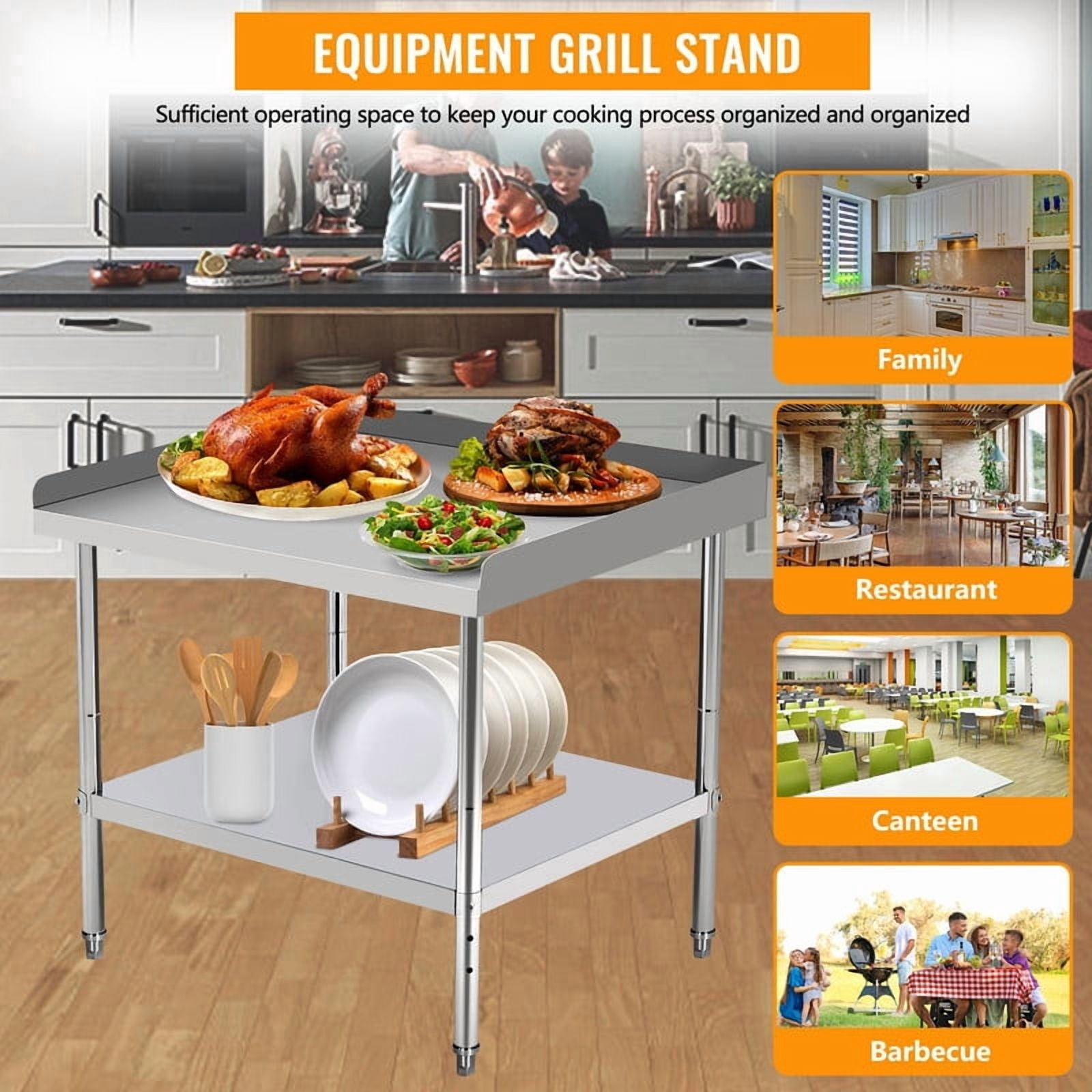 TROPOW Stainless Steel Grill Stand Table, NSF Certified, 400 lbs Capacity, Adjustable Legs, 3-Sided 2" Edge Baffle for Kitchen, Restaurant, Hotel