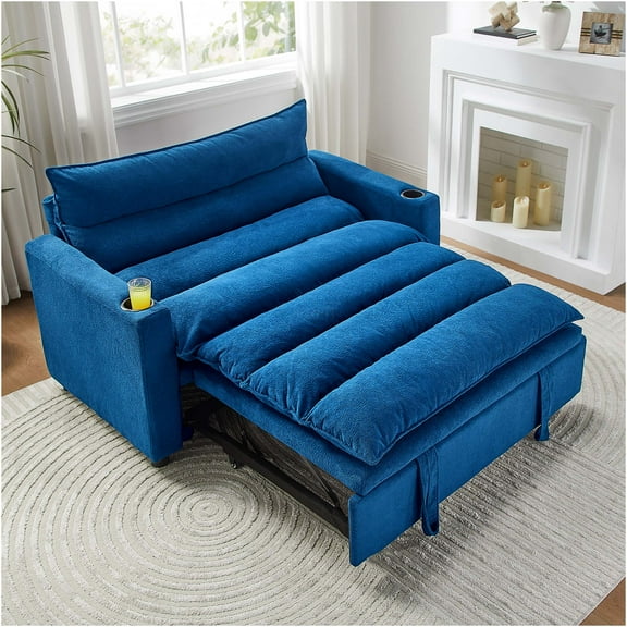 JERFIT 3-in-1 Convertible Sofa Bed Sleeper Chair with Cup Holder, Velvet Loveseat Chaise Lounge for Small Space, Blue