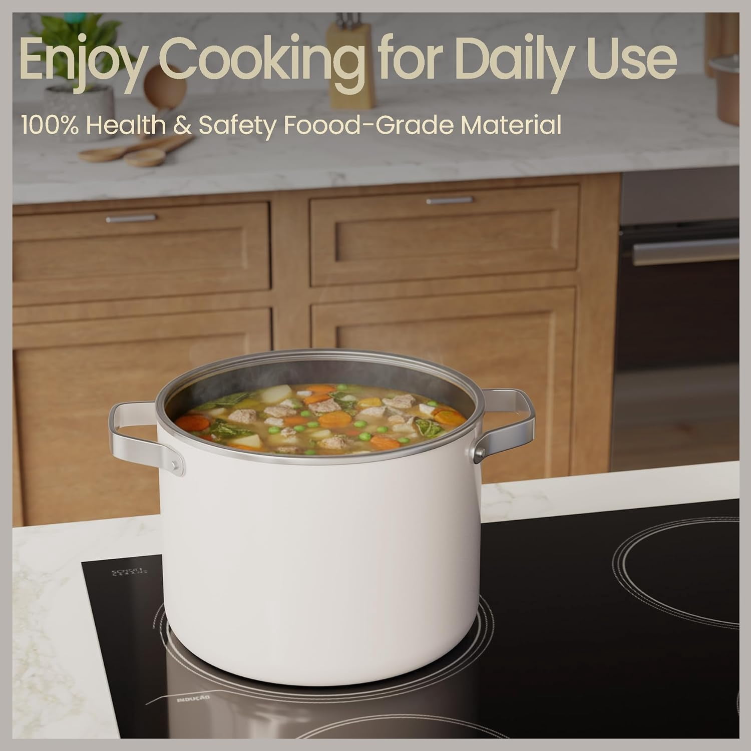 Bakken 8.5 Quart Ceramic Coated Stock Pot with Glass Lid, Nonstick, Oven Safe to 500°F, Stainless Steel Handles, All Stove Compatible, Cream